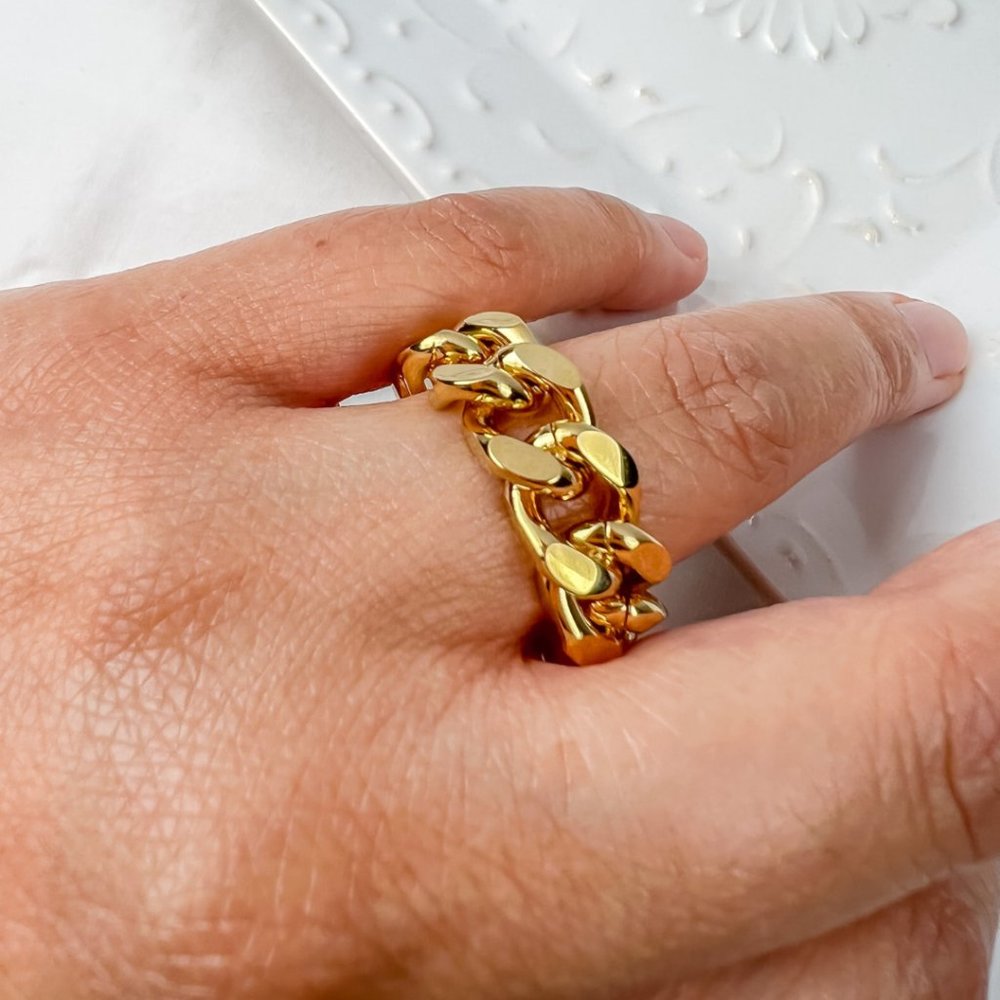 Gold Plated Cuban Chain Ring Gold Trendy Big Ring Size 7 - Picture 9 of 10